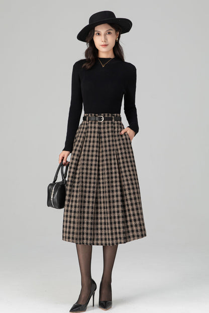 Vintage Pleated Midi Plaid Wool Skirt C5198