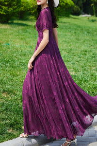 Summer purple chiffon floral dress C4111