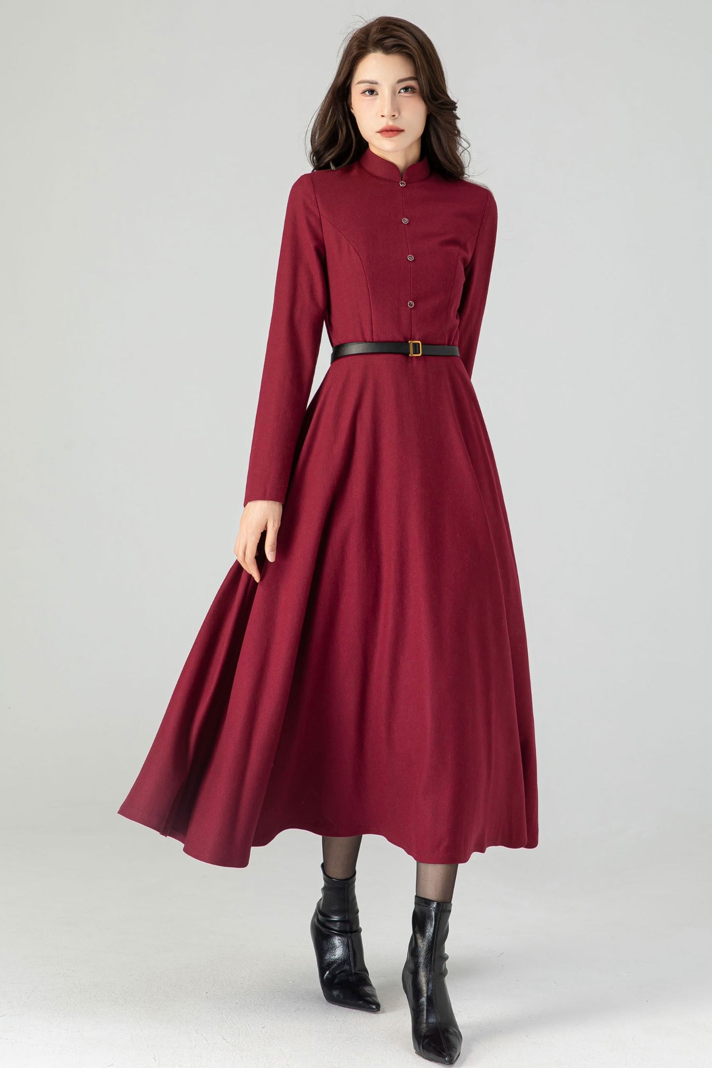 Burgundy Wool Fit and Flare Dress C3610