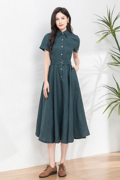 Button Front linen Midi shirt dress C4767