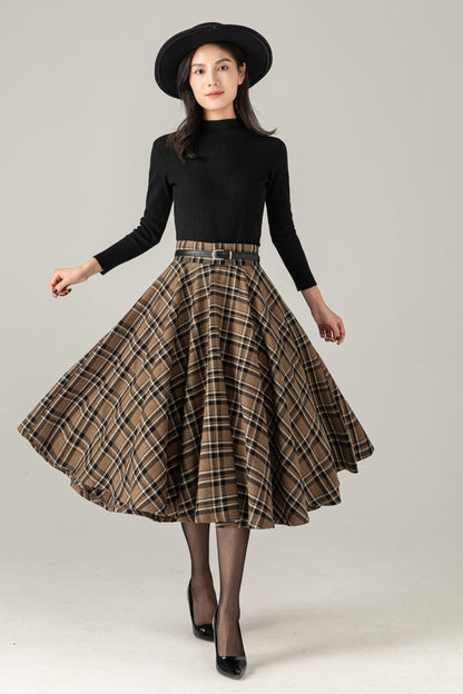 Wool Blend Plaid Midi Skirt : High Waist Swing Circle Skirt, Ylistyle C5375