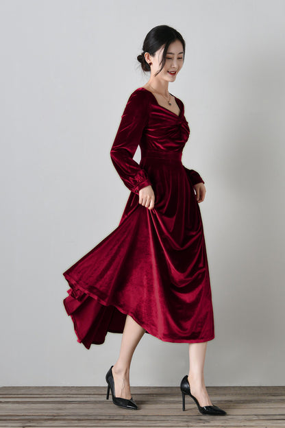 Elegant Burgundy Velvet Long Dress C4699