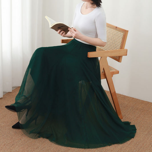 Dark Green Maxi Skirt: High Waist A-Line Long Tulle Skirt, Ylistyle C5448