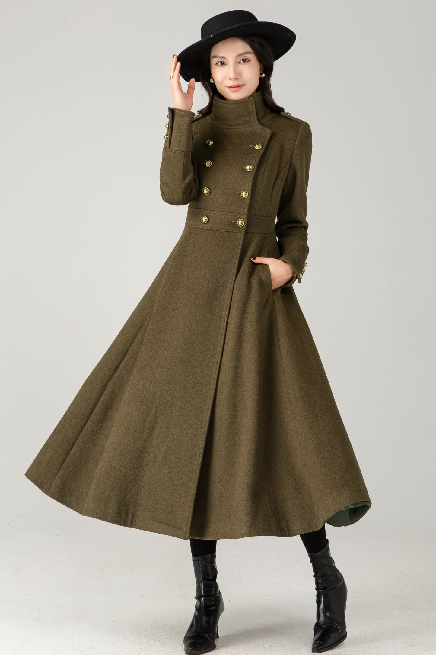 Green Wool Maxi Trench Coat: Double Breasted Long Winter Overcoat C5344