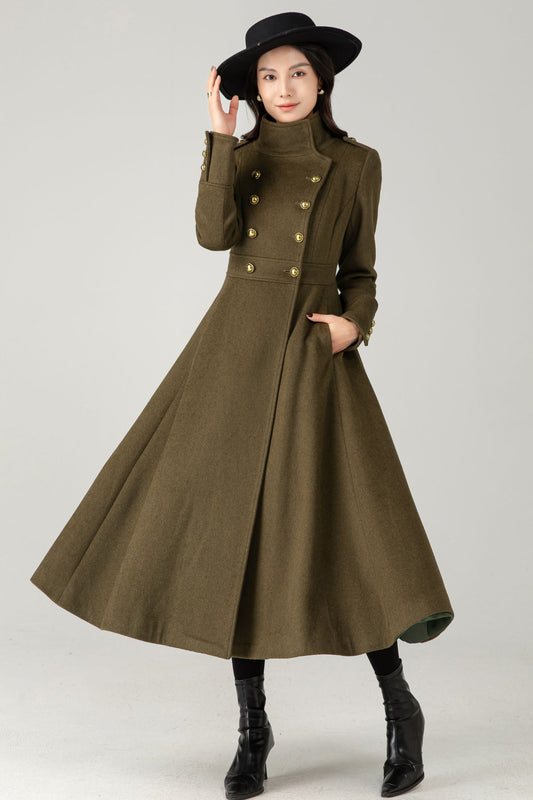 Green Wool Maxi Trench Coat: Double Breasted Long Winter Overcoat C5344