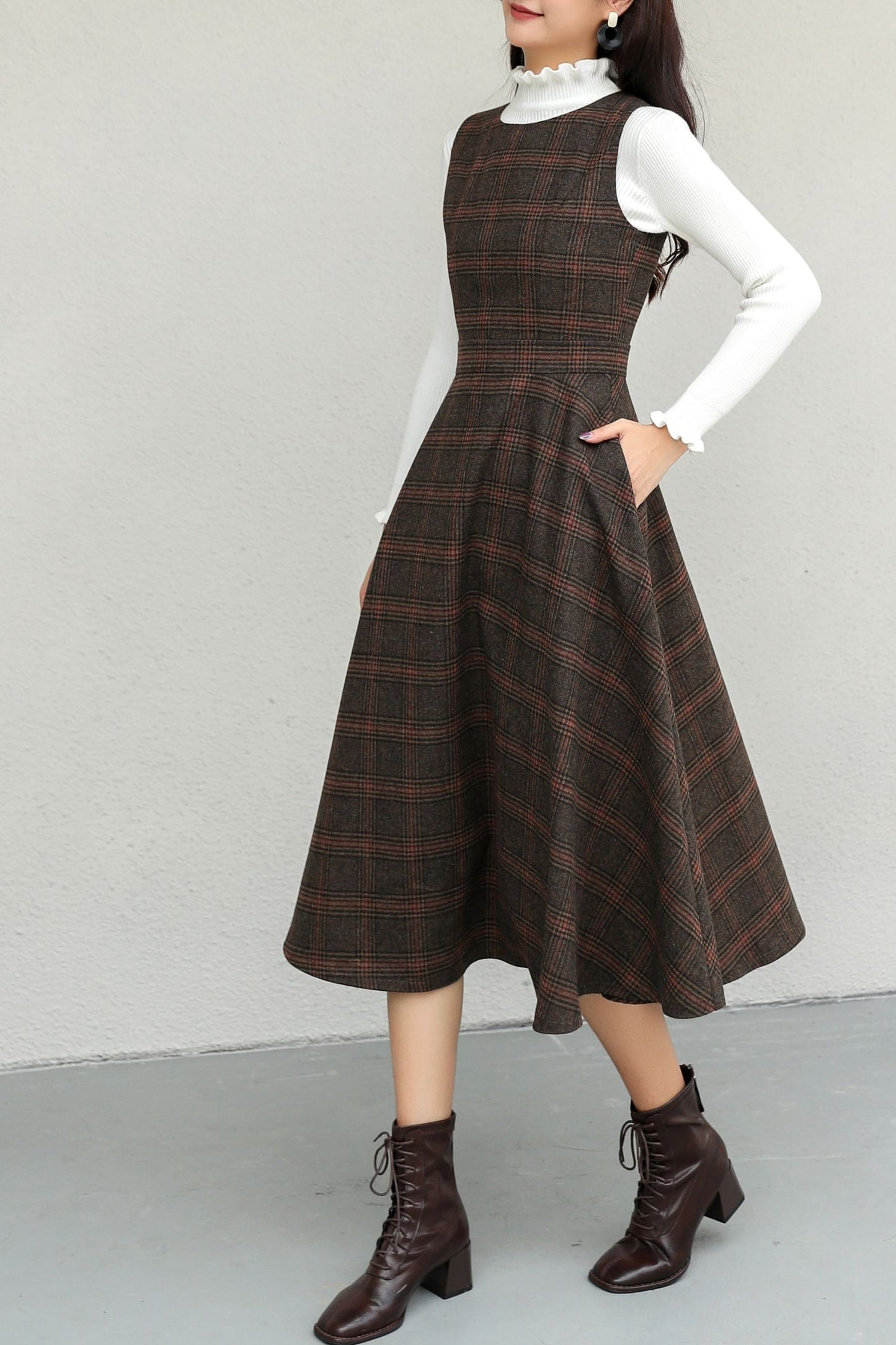 Winter Sleeveless Pinafore Plaid Wool Dress C5192