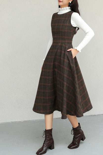 Winter Sleeveless Pinafore Plaid Wool Dress C5192