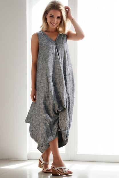 Grey Loose-Fitting V neck Linen Dress C257