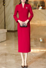 Load image into Gallery viewer, Women&#39;s Red Long Sleeves wool Dress C4171
