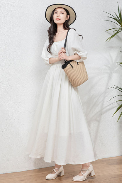 White Linen Swing Dress - Flowy Midi linen Dress C4766