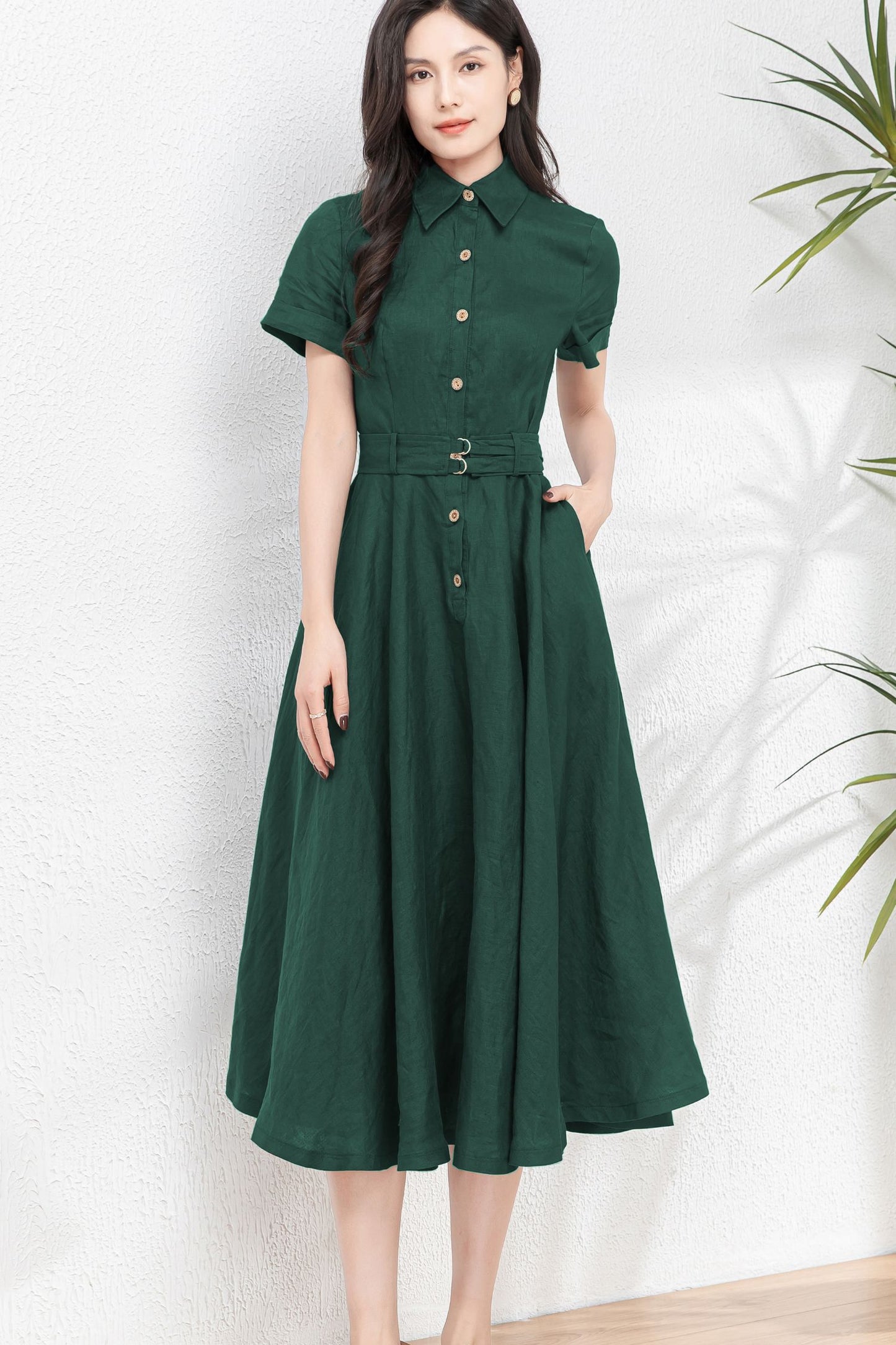 Dark Green Midi Linen Dress c4899