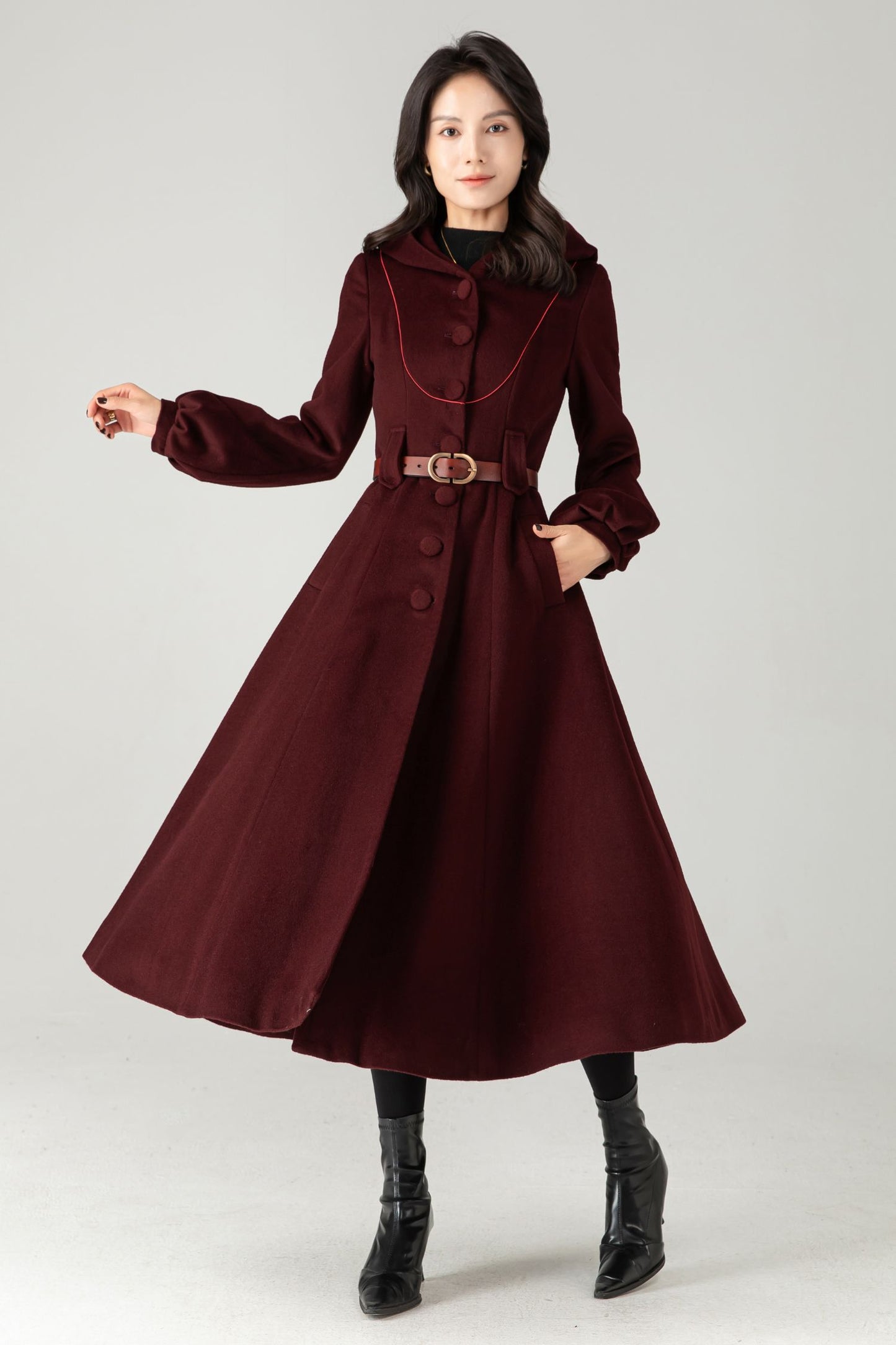 Burgundy Wool Blend Hooded Coat: Retro Belted A-Line Long Winter Coat C5343
