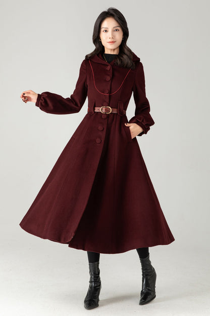 Burgundy Wool Blend Hooded Coat: Retro Belted A-Line Long Winter Coat C5343