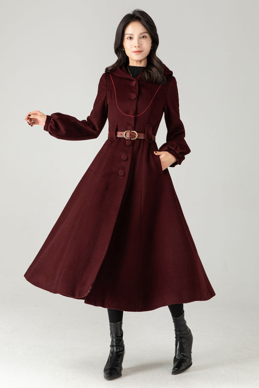 Burgundy Wool Blend Hooded Coat: Retro Belted A-Line Long Winter Coat C5343