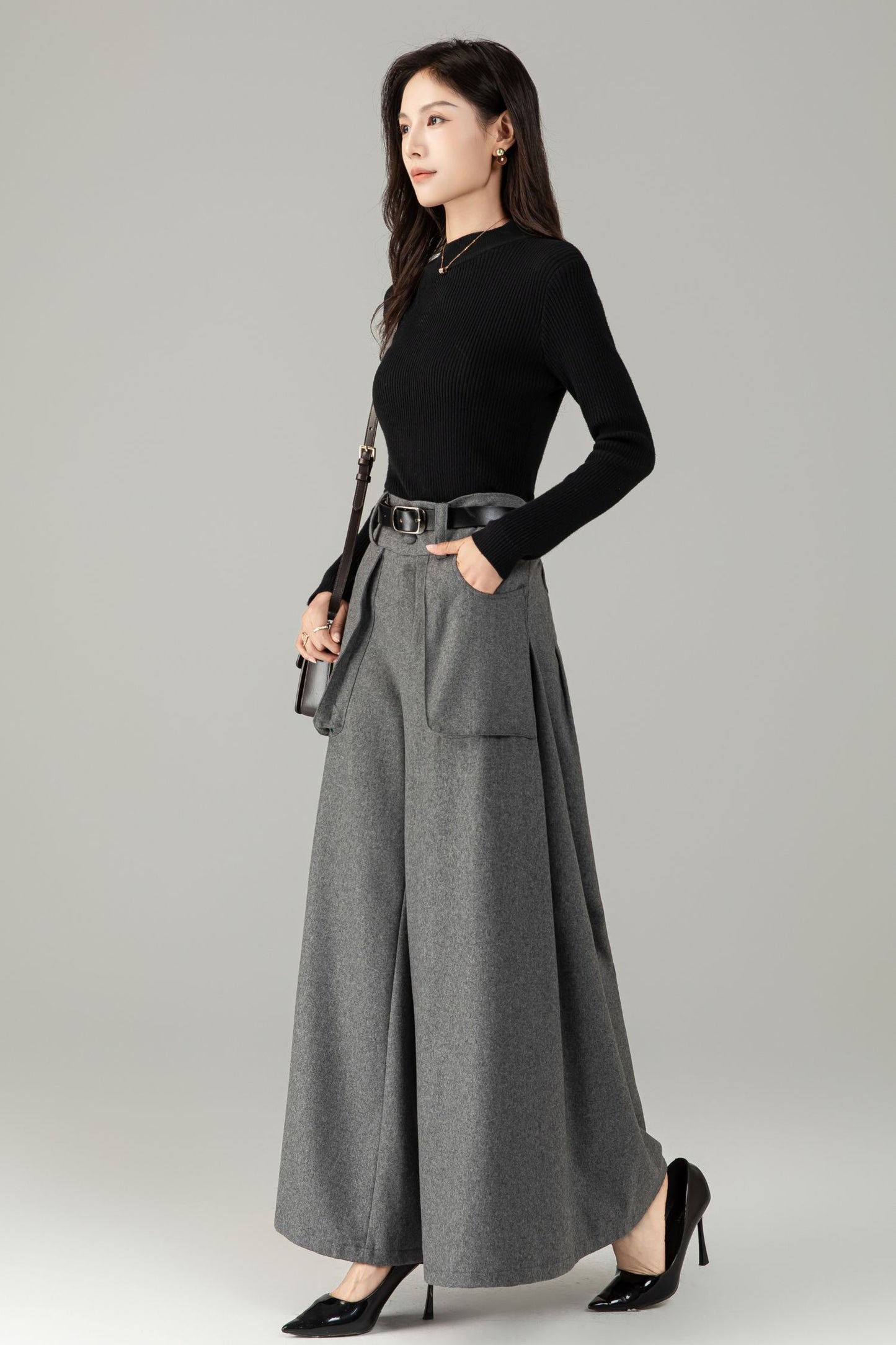 High-Waist Wide-Leg Wool Trousers — Palazzo Wool Pants C5245