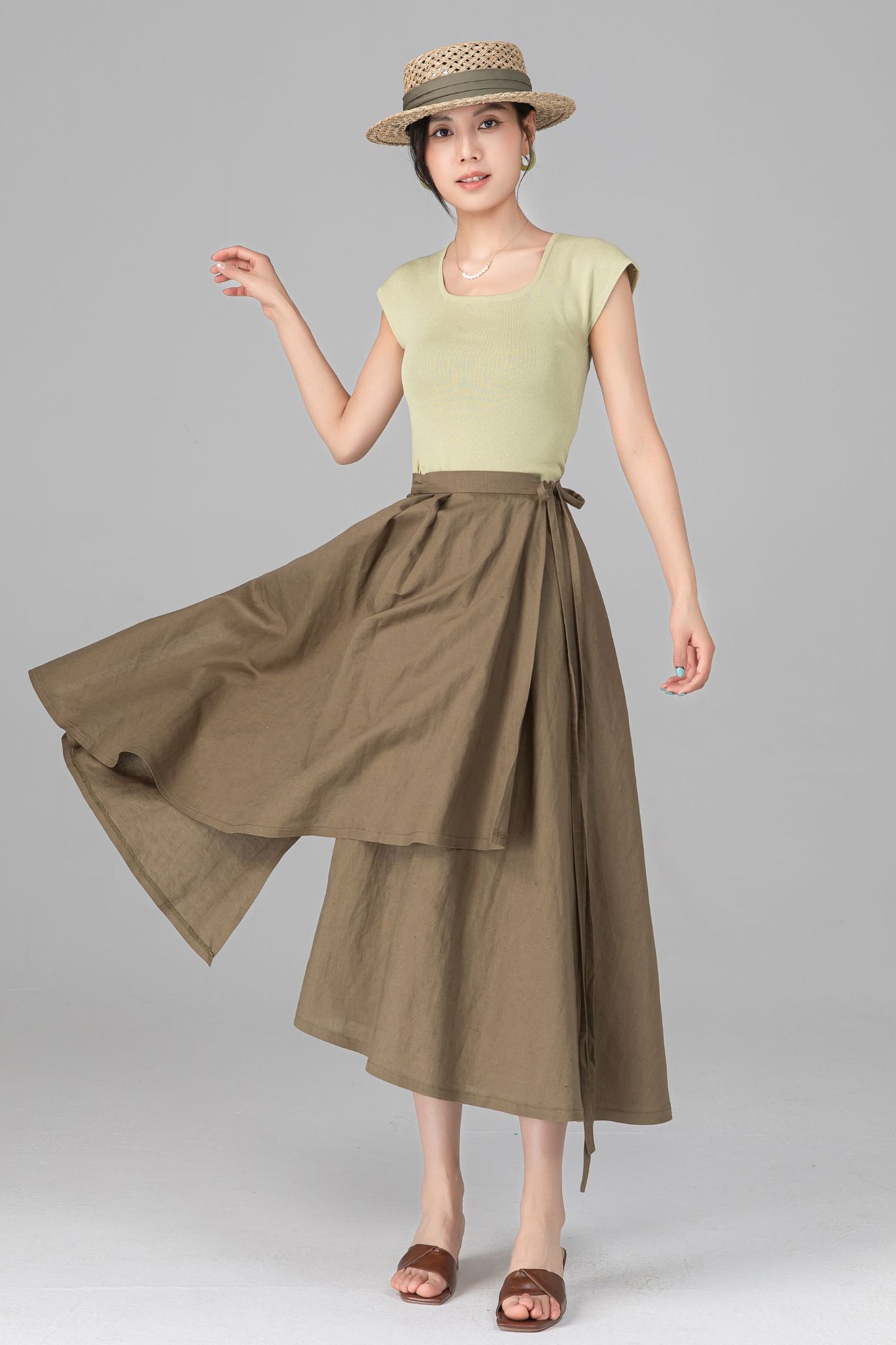 Green Linen Cotton Wrap Midi Skirt - Asymmetrical Flowy Pleated A-Line c5519