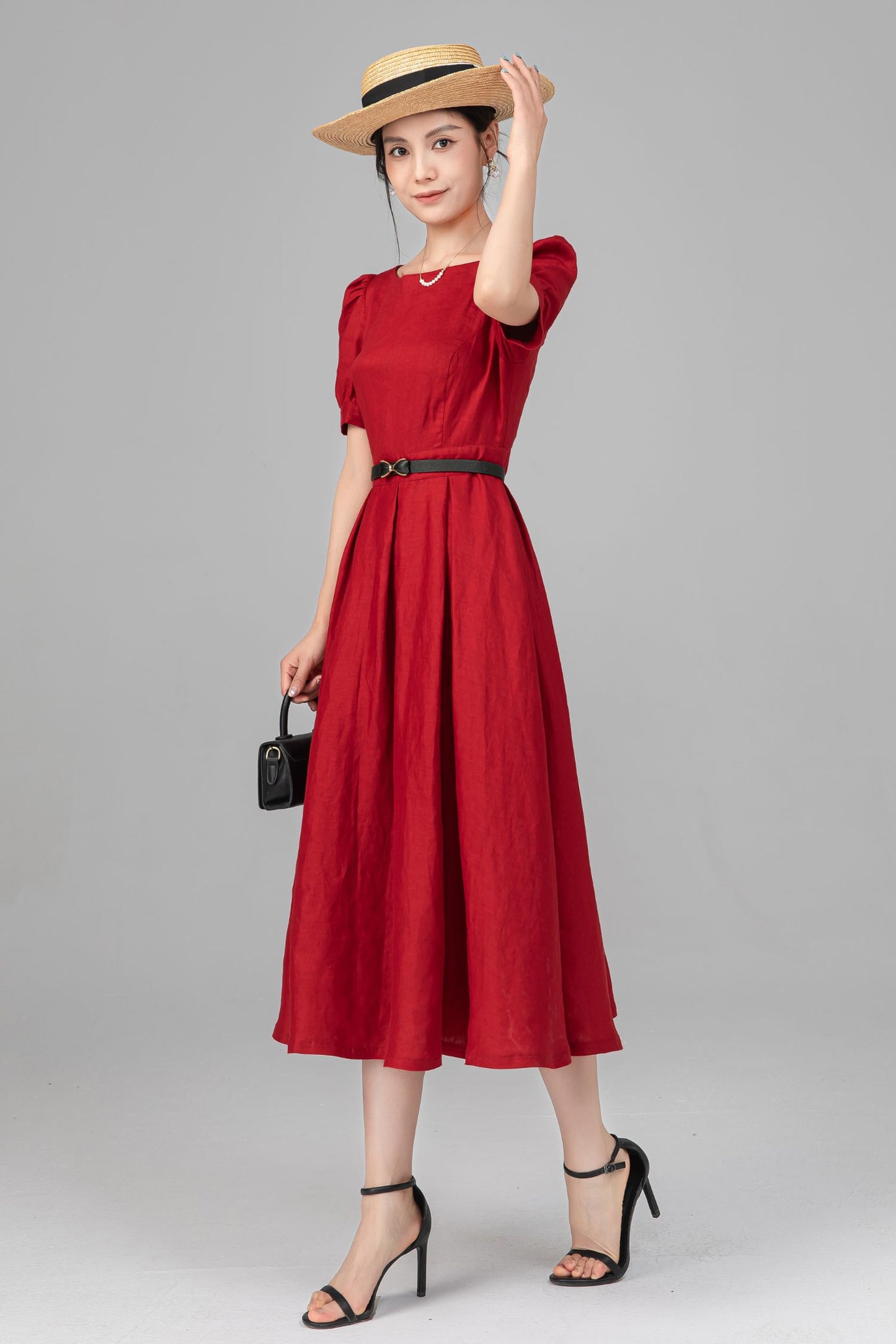Red Linen Puff Sleeve Midi Dress - A-Line Bow Waist | Ylistyle C5517