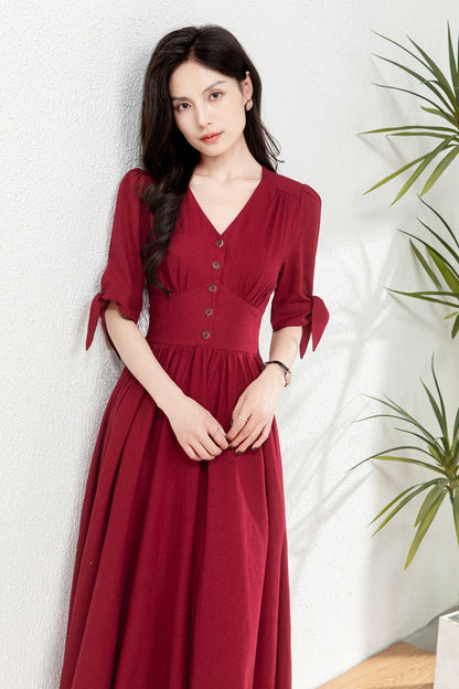 Burgundy fit and flare linen dress C4771