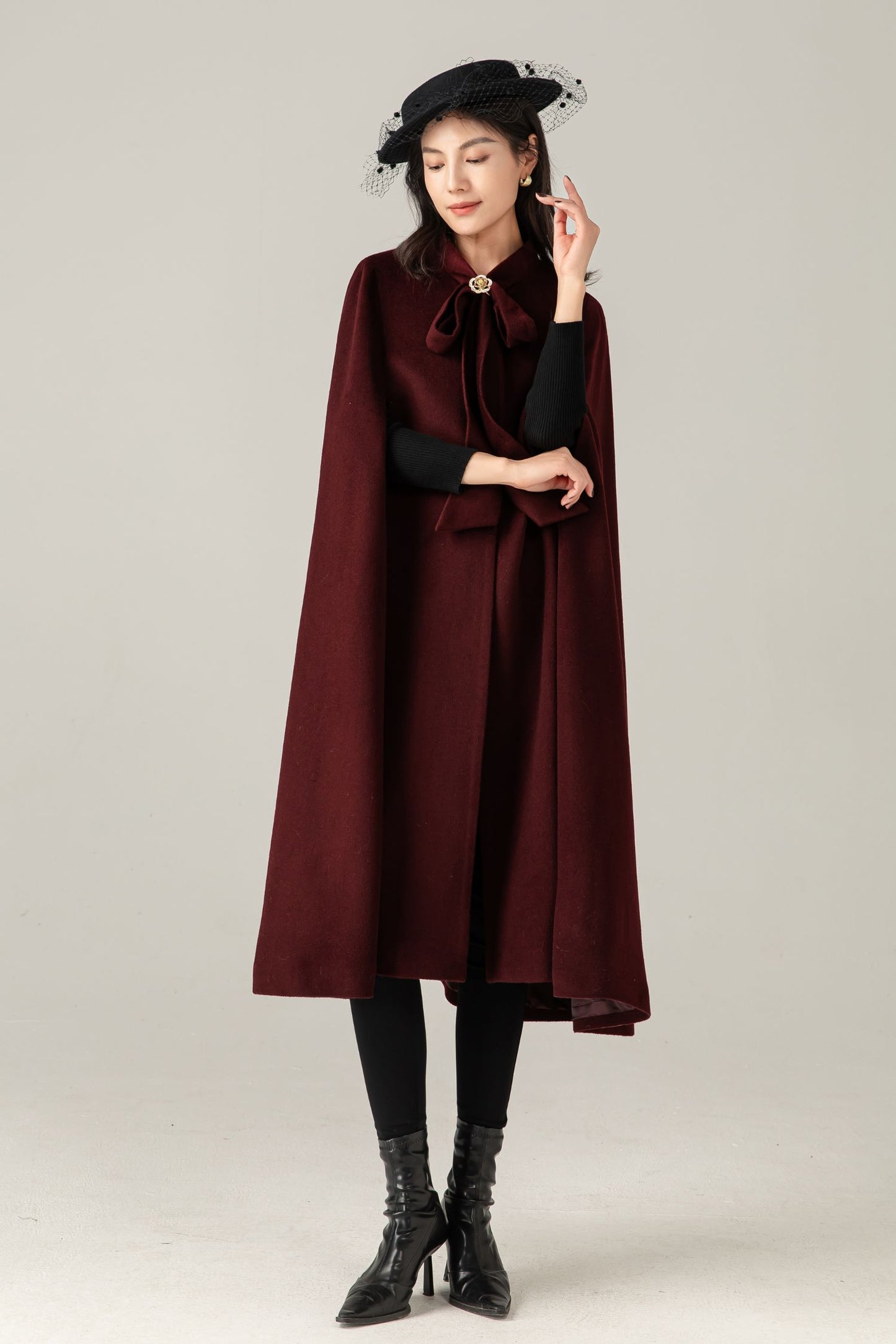 Burgundy Wool Blend Cape Coat: Women Long Winter Cape Outerwear, Ylistyle C5378