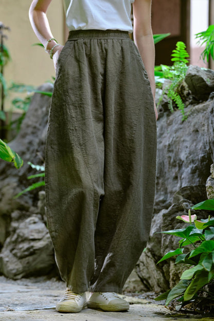 Beige Linen Lantern Pants - High Waist, Wide Leg Relaxed Fit L0616