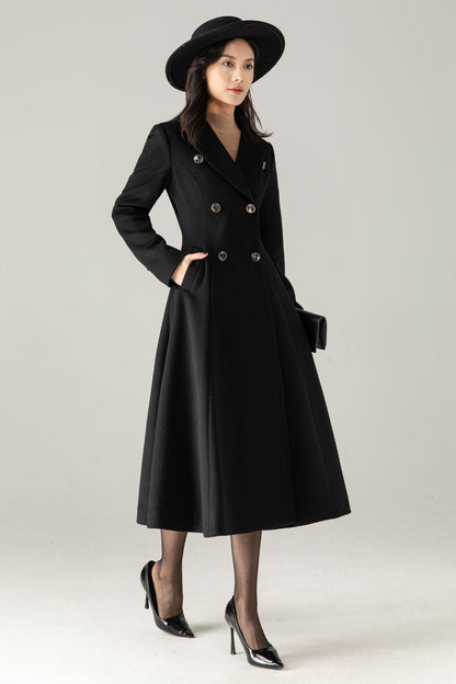 Black Wool-Blend Maxi Coat: Double-Breasted Belted Swing Overcoat, Ylistyle C5372