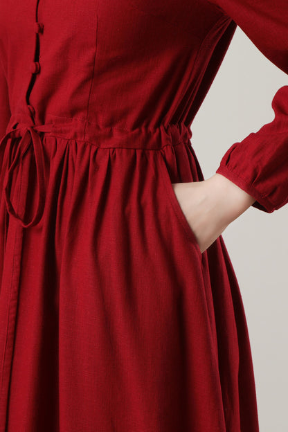 red linen dress with drawstring waist c4775