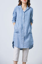 Load image into Gallery viewer, Blue Simple Linen shirt dress C1672
