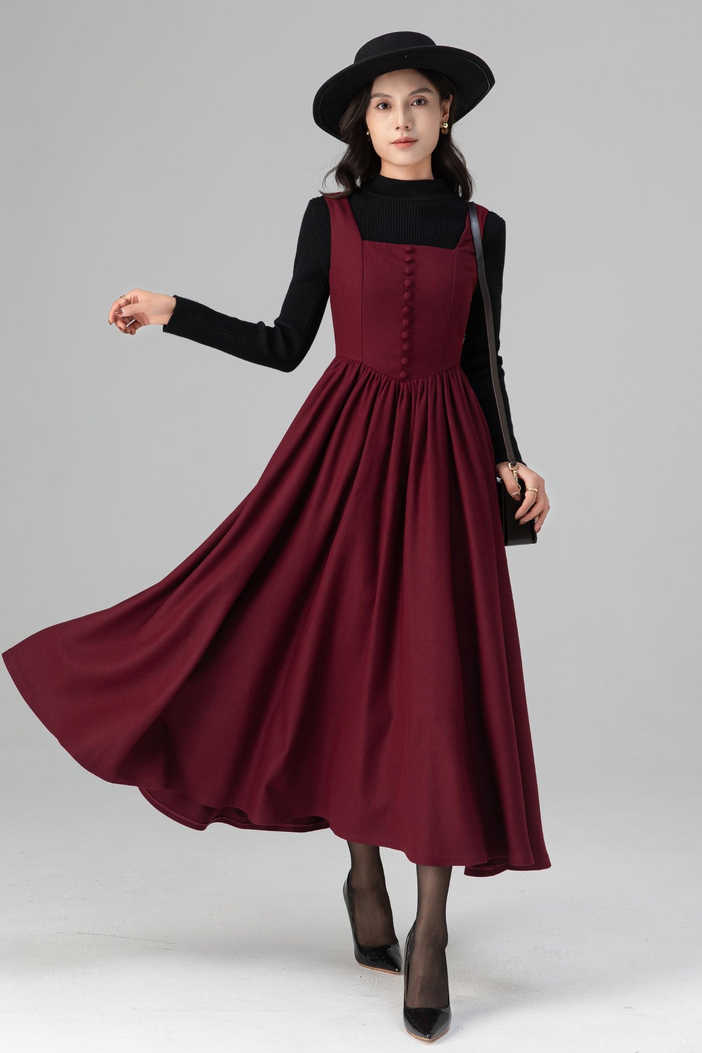 Square Neck Maxi Pinafore Wool Dress for Women C5201