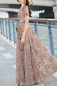 Plaid chiffon print dress women C4099