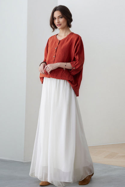 Rust Linen Blouse: Oversized 3/4 Sleeve Button-Up Relaxed Fit Top, Ylistyle C5321