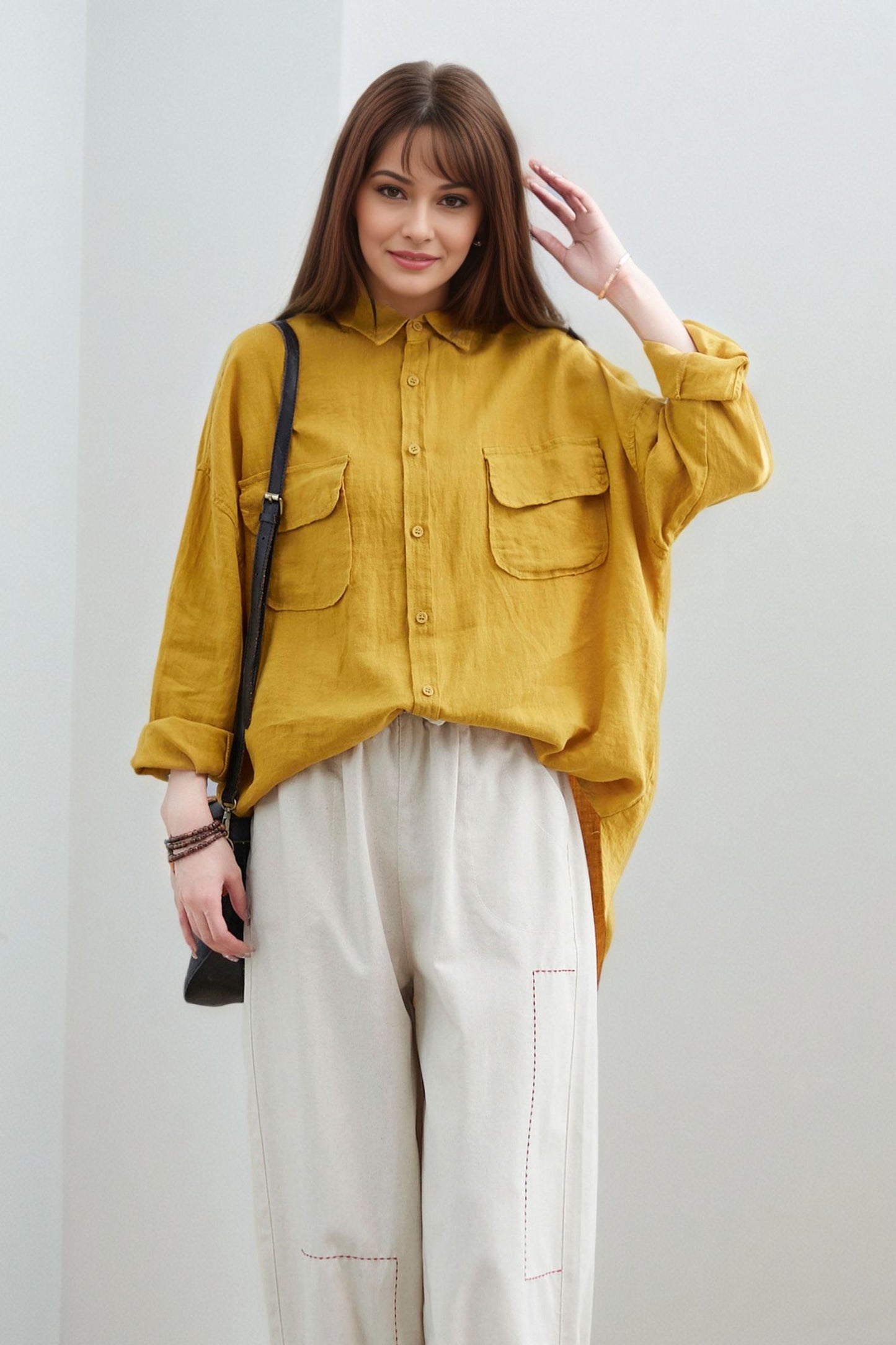Yellow Linen Oversized Blouse: Women’s Button-Up Shirt with Patch Pockets, Ylistyle C5322