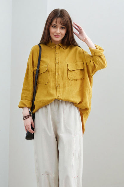 Yellow Linen Oversized Blouse: Women’s Button-Up Shirt with Patch Pockets, Ylistyle C5322