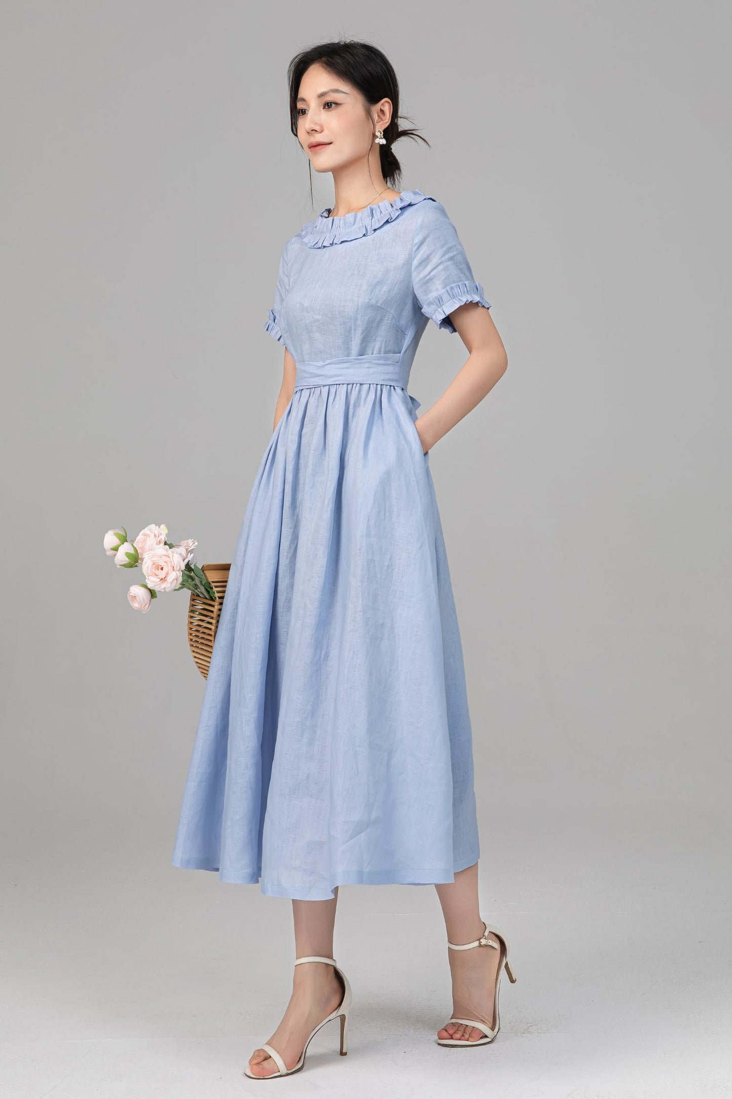 Light Blue Linen Midi Dress - Ruffle Neckline, Fit-and-Flare Silhouette c5518