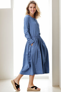 Blue Waist Drawstring Loose Dress C267