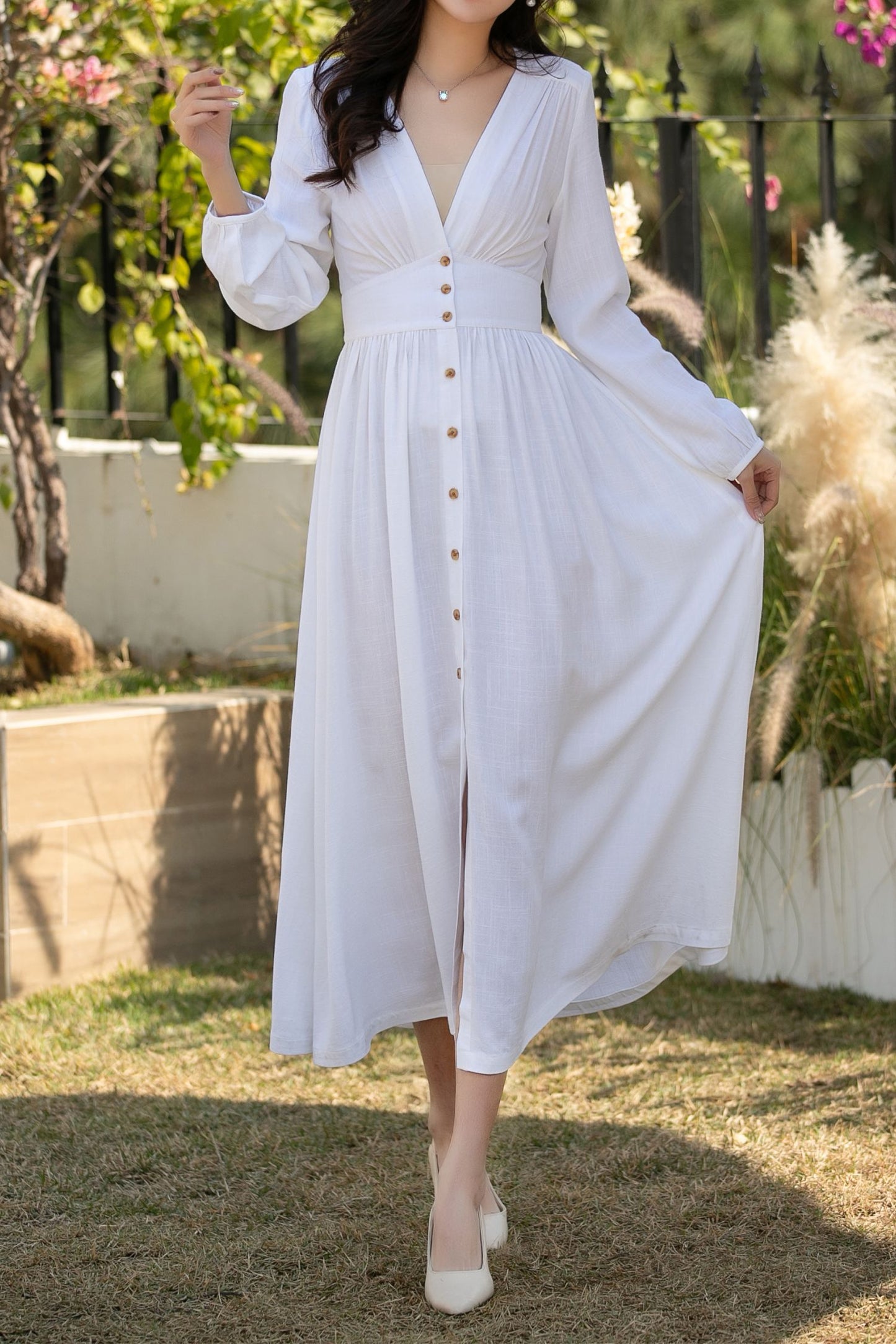 White Linen Cotton Midi Dress: Long Sleeve Button Front A-Line Summer Dress, Ylistyle C5445