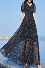 Load image into Gallery viewer, Black floral chiffon V-neck dress C4084
