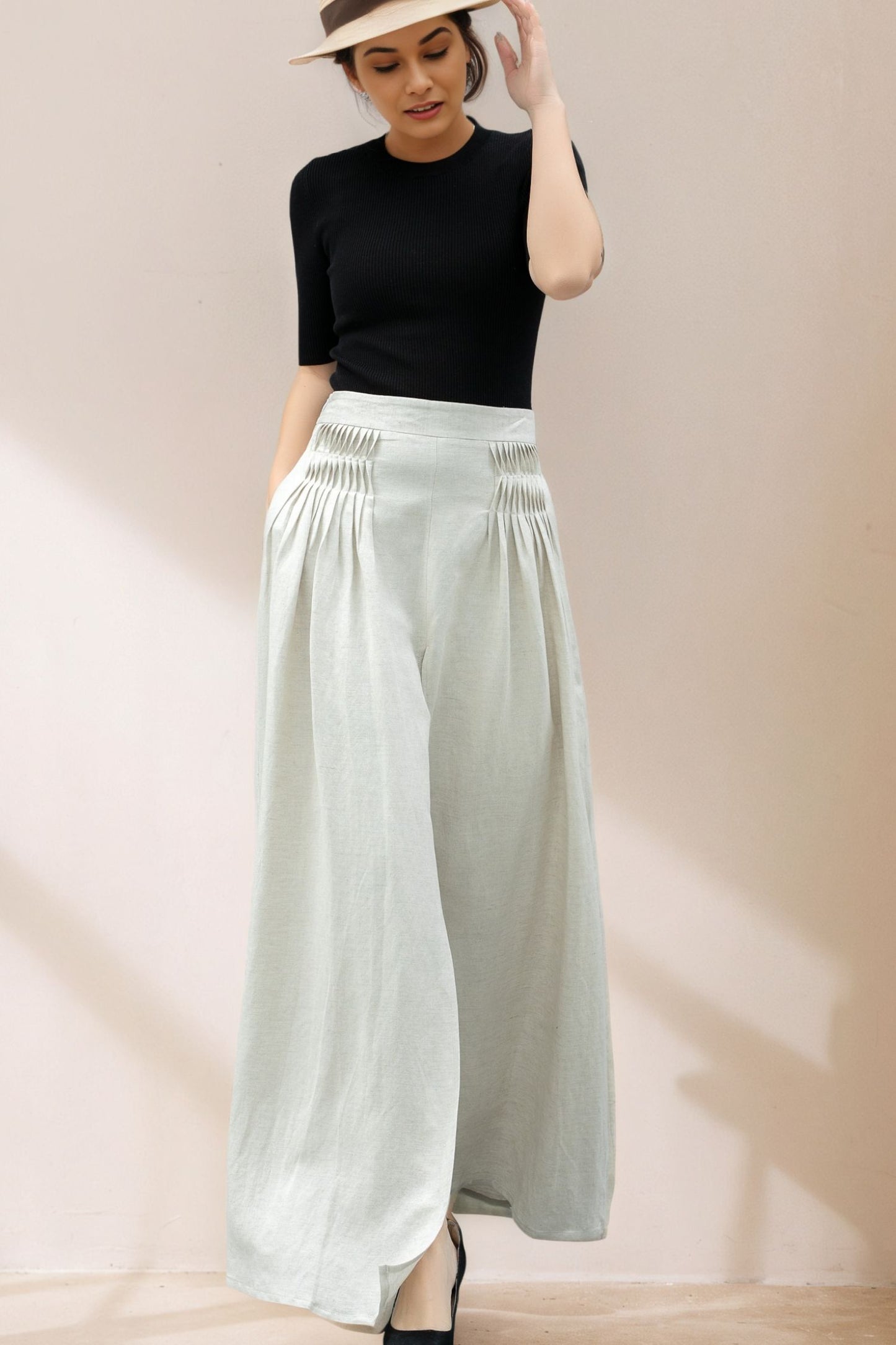 White Wide Leg Linen Palazzo Pant C5361