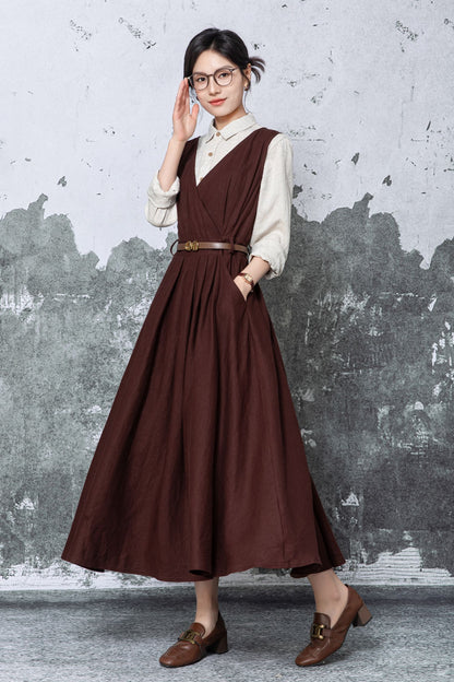 Brown Linen Maxi Dress - Sleeveless V-Neck with Tie Waist c5478