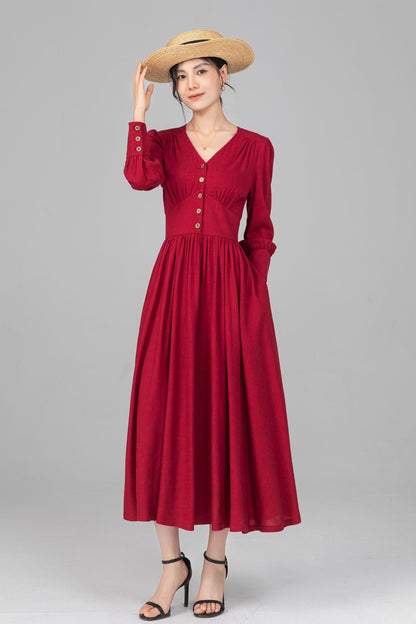 Red Linen Midi Dress - Button Front, V-Neck, Long Sleeve c5516