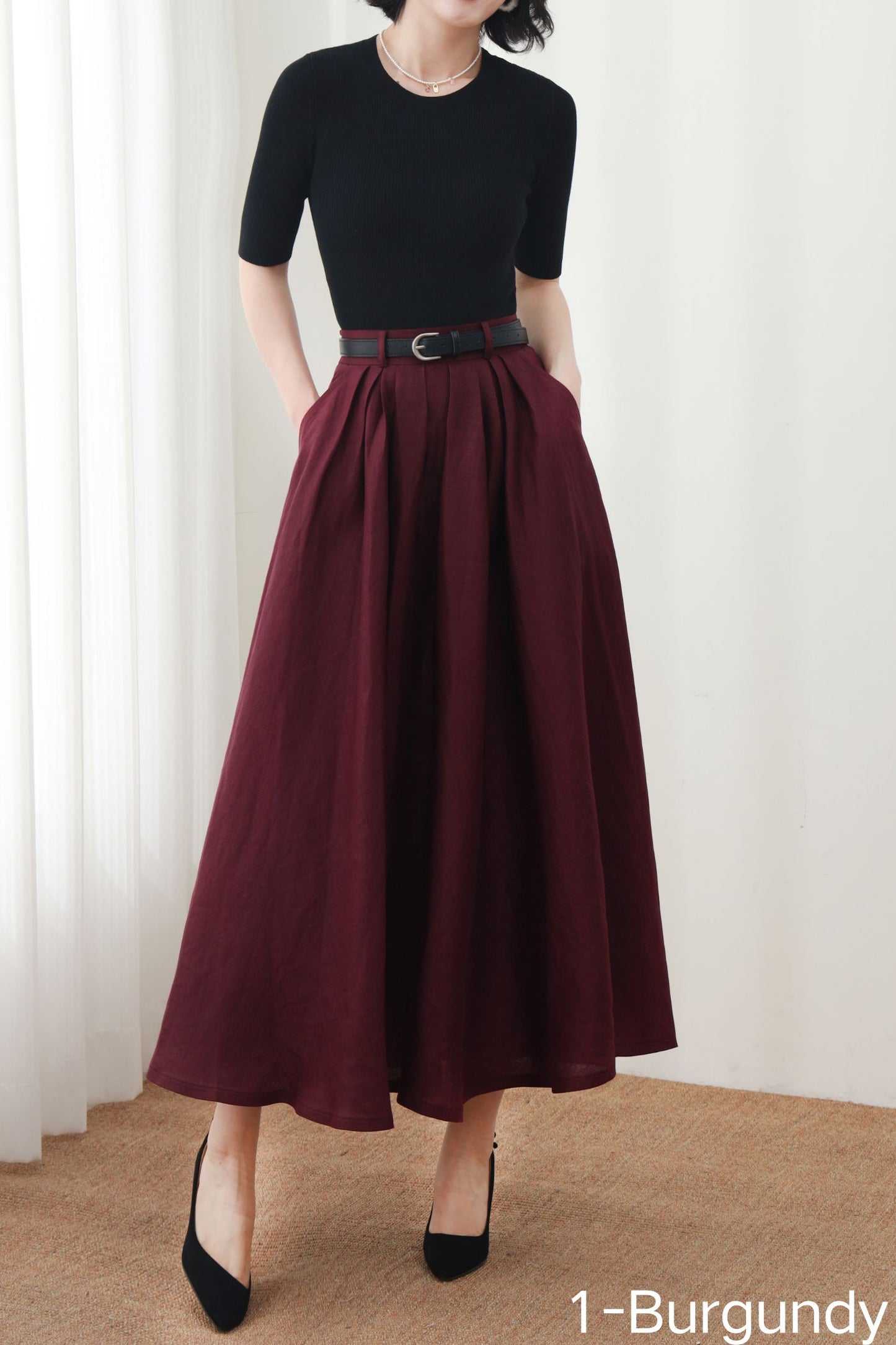 Burgundy Linen Maxi Skirt: A-Line Linen Blend Summer Skirt with Pockets, Ylistyle C5450