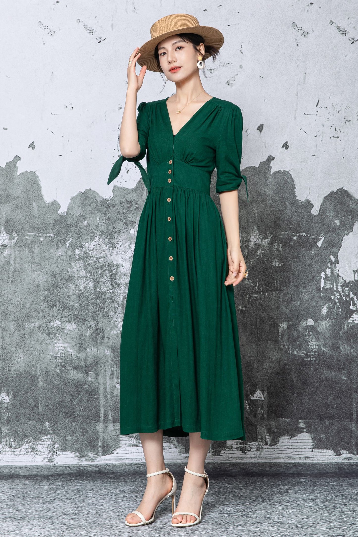 Dark Green Linen Midi Dress - V-Neck Button Front with Puff Sleeves c5473