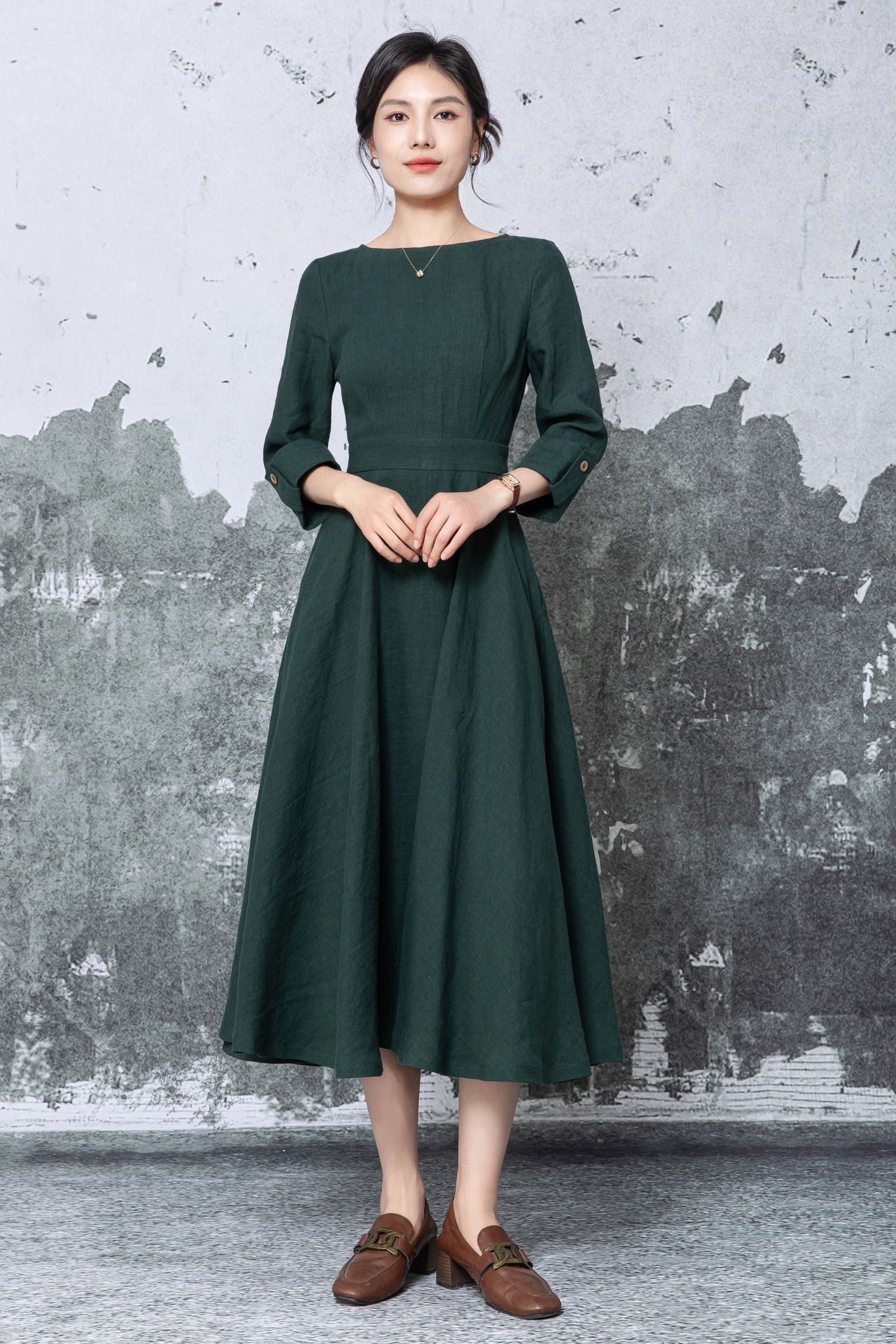 Dark Green Linen Midi Dress - Fit & Flare A-Line with Pockets c5460