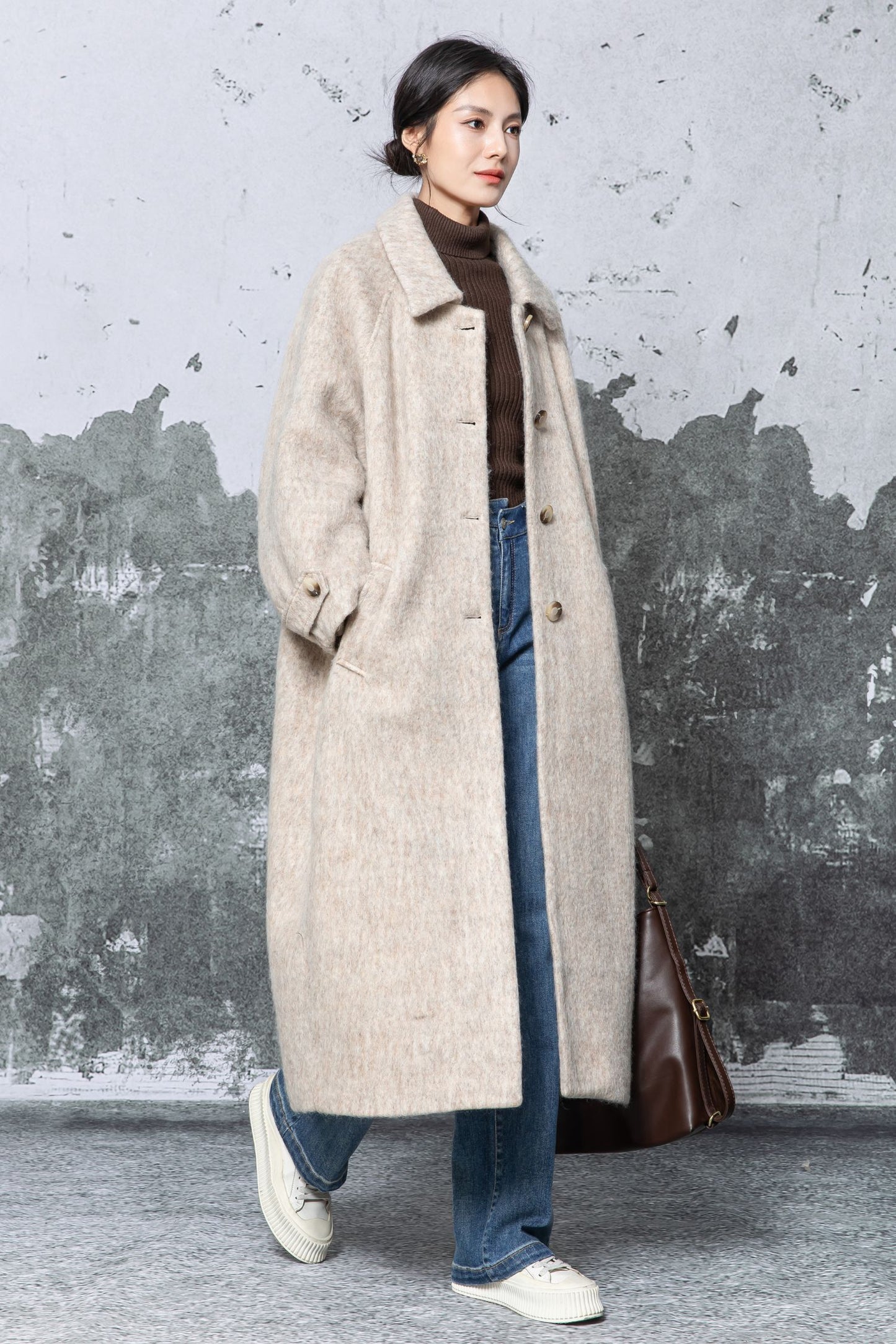 Camel Wool Blend Oversized Coat - Minimalist Long Overcoat c5479