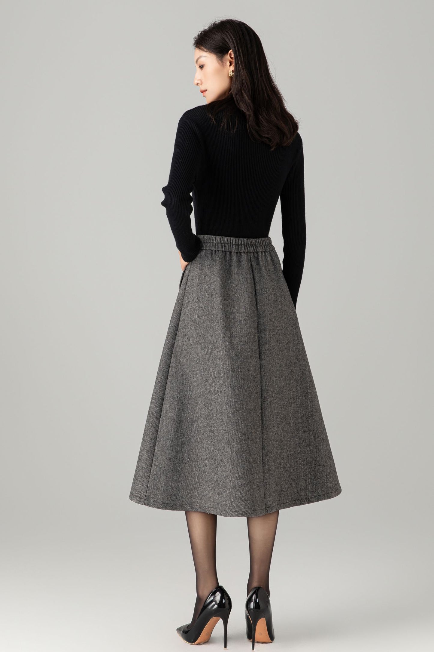 A line gray midi winter wool skirt C5277