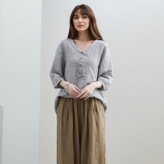 V-Neck Linen Blouse, Loose Fit Top C5318