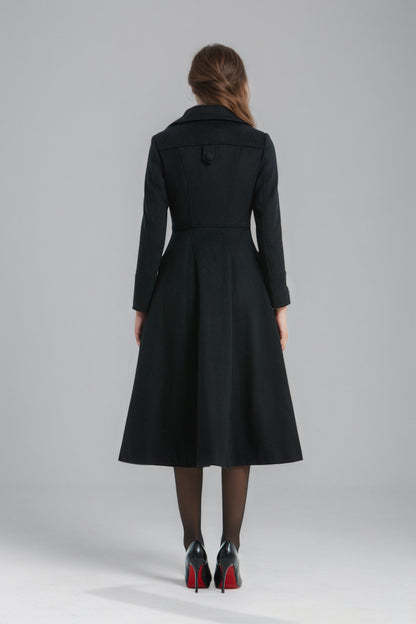 Vintage Black Midi Wool Coat for Winter-Women C5137