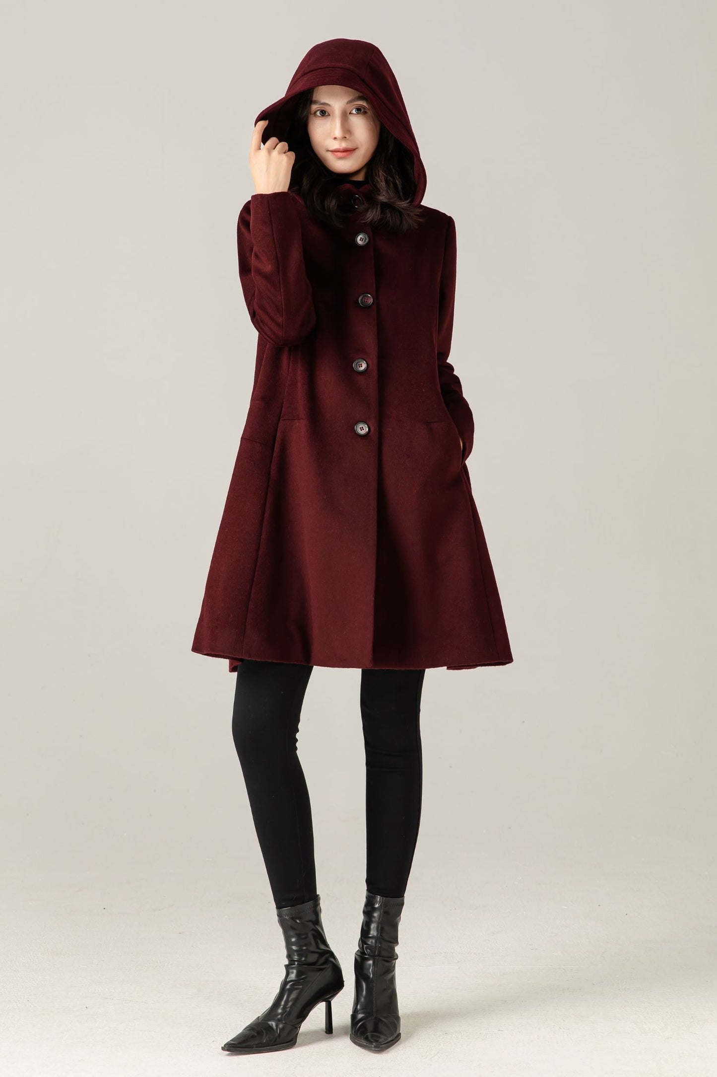 Burgundy Wool Blend Hooded Coat: A-Line Mid-Length Winter Overcoat, Ylistyle C5377