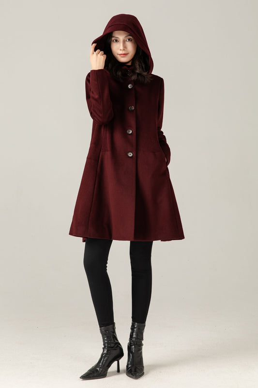 Burgundy Wool Blend Hooded Coat: A-Line Mid-Length Winter Overcoat, Ylistyle C5377