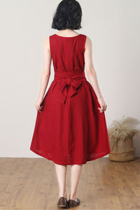 Red Sleeveless Midi Linen Dress C3262