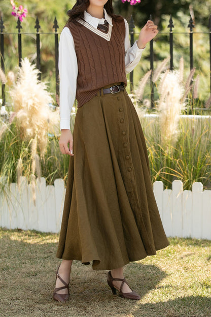 Army Green Linen Maxi Skirt: High Waist Button Front A-Line Swing Skirt, Ylistyle C5444
